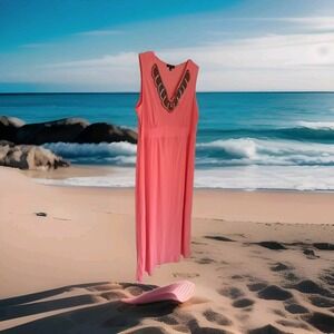 Notations Maxi Dress XL Coral Beaded Neckline Beachy Cottage Resort Cruise NWT